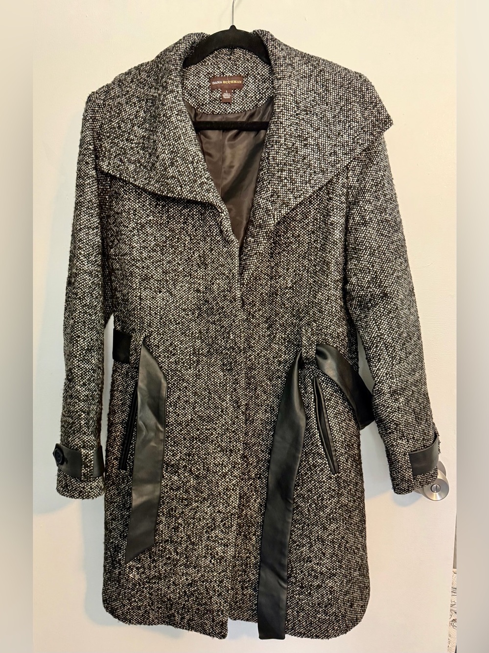 Dana Buchman Black & White Tweed Trench Coat with Leather-Look Trim
